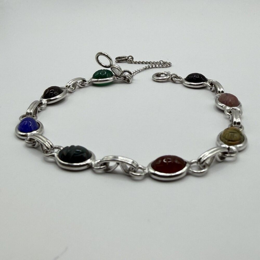 925 Sterling Silver Multicolor Carved Scarab Gemstone Link Bracelet 7.5” 8g